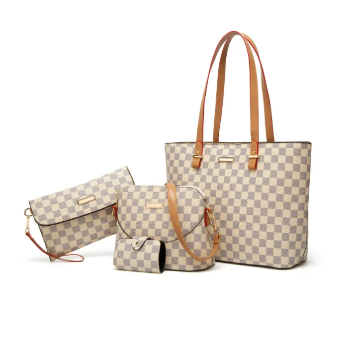 

PU Leather Brown Black checkered 4 Pieces Women's Luxury White checkered Purse Set For Women, As showed