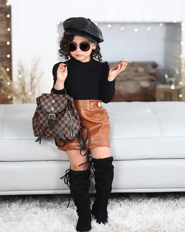 

Kid Clothes 2pcs Toddler Baby Girls Clothes Sets Long Sleeve Turtlenecks Ribbed Top With Brown skirt fall autumn Set