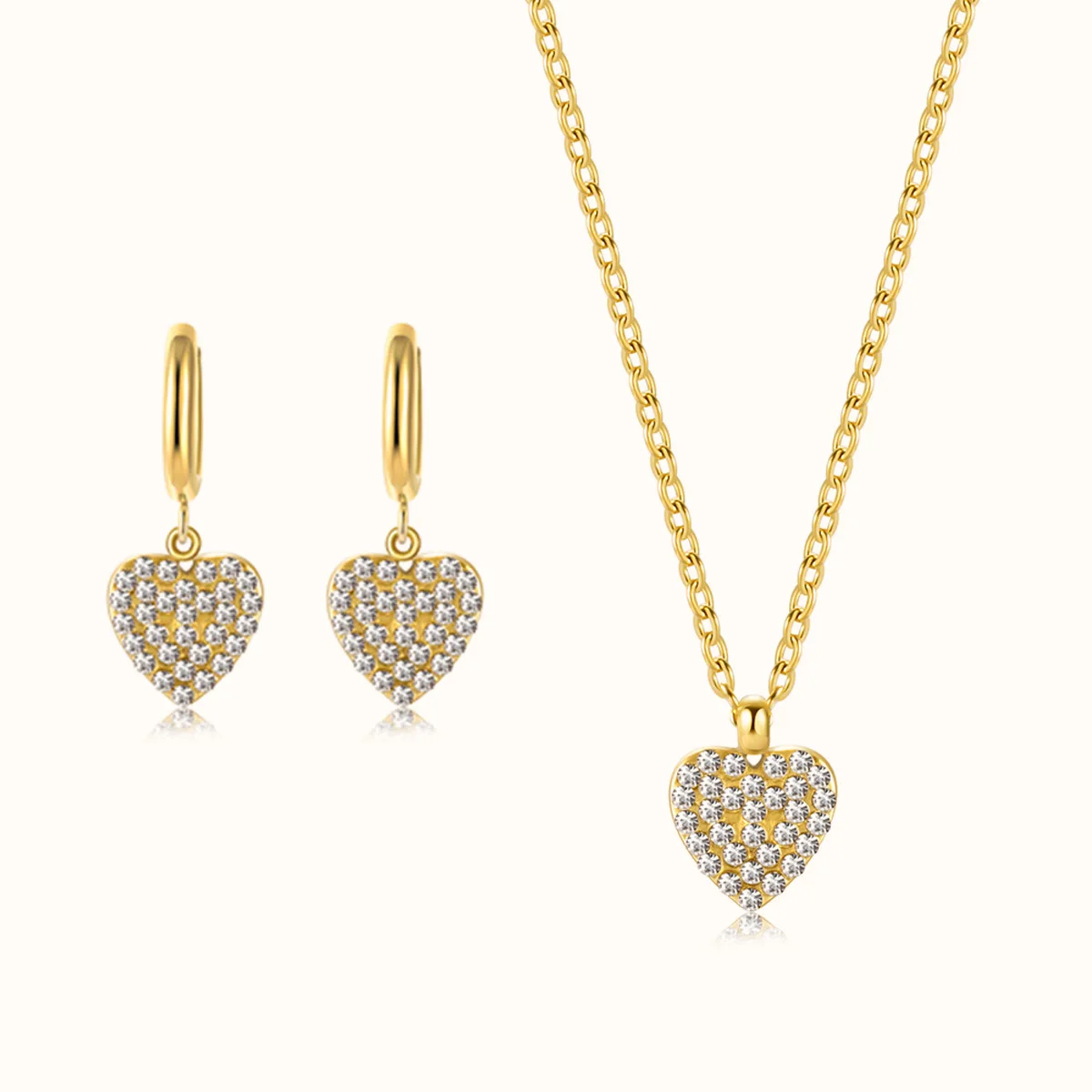 

Hot Selling Fashion Diamond Heart Earrings Necklace Stainless Steel Wedding Jewelry Set