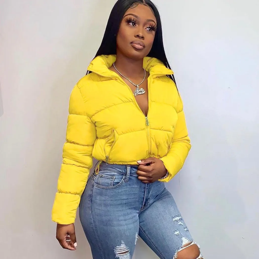 

Winter Fall 2021 Women Clothes High Fashion Woman Jacket And Coat Outfits Polyester Lining Half Crop Down Bubble Coats, Yellow,black,gray,light blue,fluorescent green