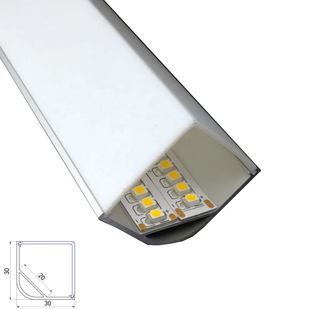 Angled Aluminium Profile for LED Strip with Diffuser of 2m Light Emission at 45 Degree