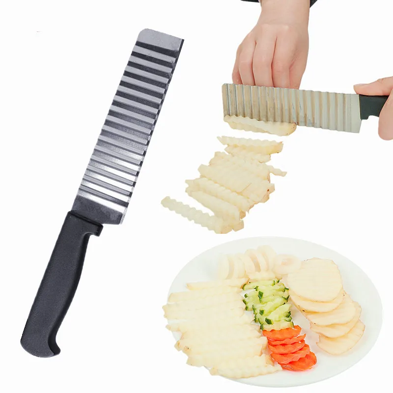 

Potato Cutter Chopper Dough Vegetable Fruit Crinkle Wavy Slicer Stainless Steel Potato Chip Slicer Knife French Fry Maker, As photo