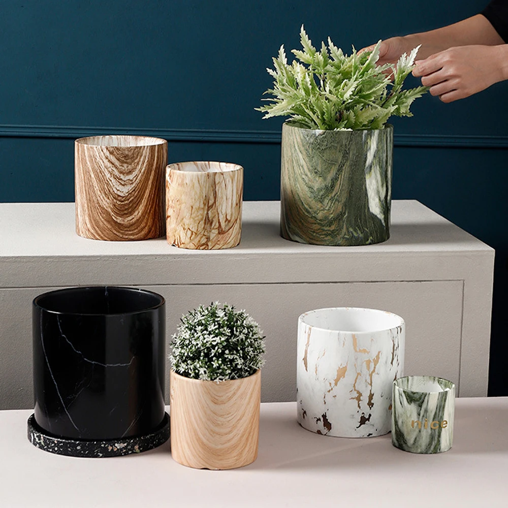 

Hot Sale Indoor Outdoor Marble Grain Ceramic Decorative Garden Plants Ceramic Flower Pot With Tray, As photo or custom