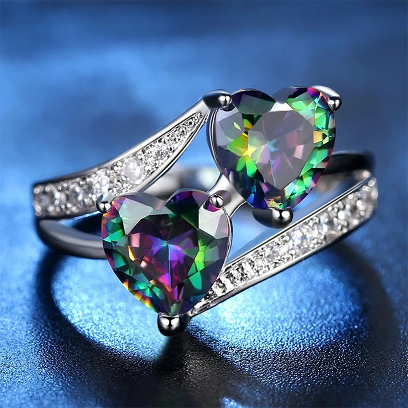 

Female Multicolor Crystal Double Heart Ring Purple Zircon Stone Wedding Rings For Women Jewelry
