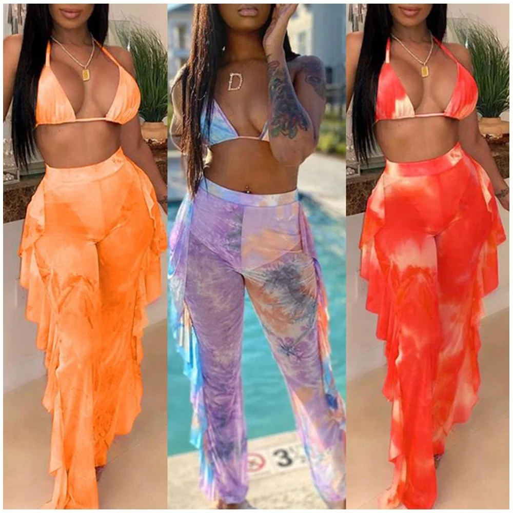 

Hot Sale Mature Women's Digital Print Transparent Mesh Bikini Set Swim Suit Swimwear, New color arrives-as show or customized