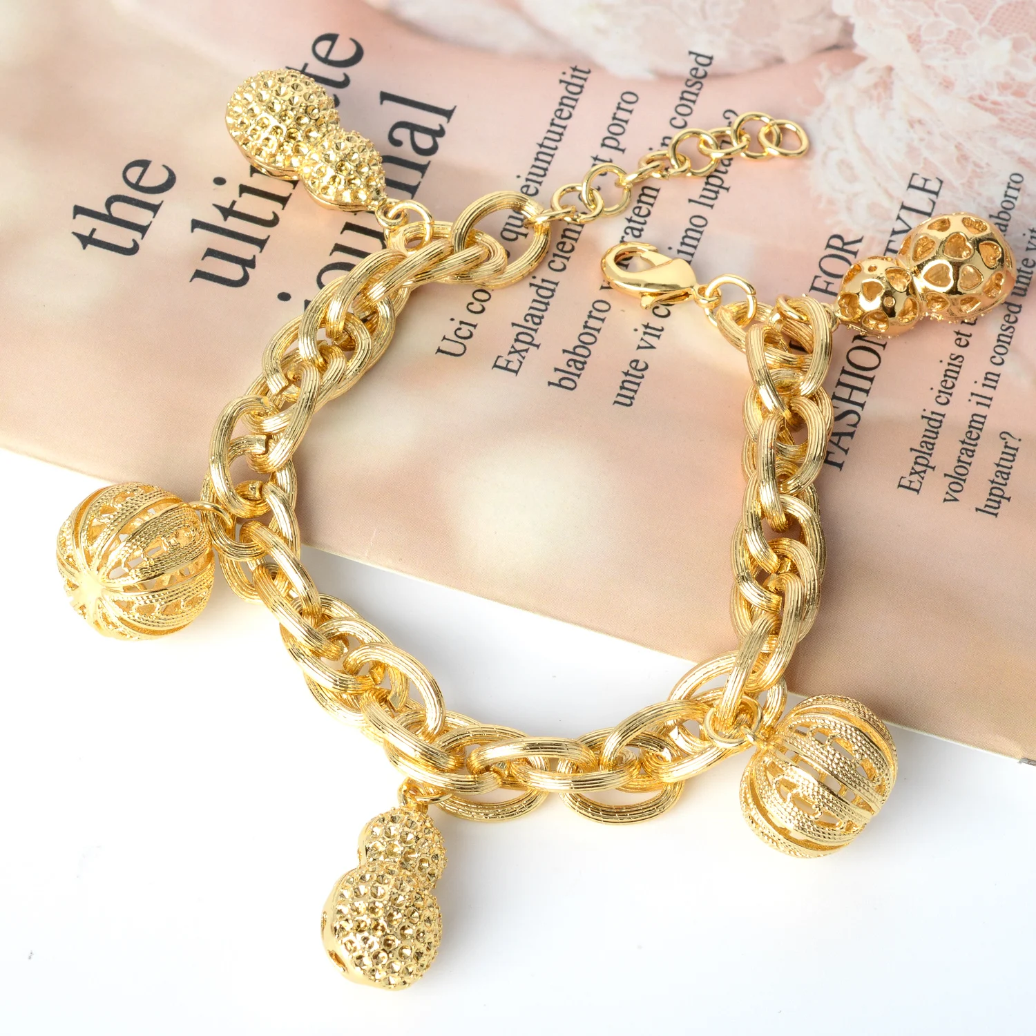 

Nigeria steampunk 18k gold plated peanut and ball charm bracelet for Women