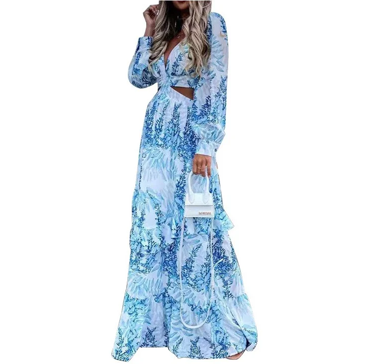 

Beach Long Dress Sexy Bohemian style Deep V Neck Dress Women Spring Plus Size Print Ruffle Party Long Sleeve Maxi Dresses