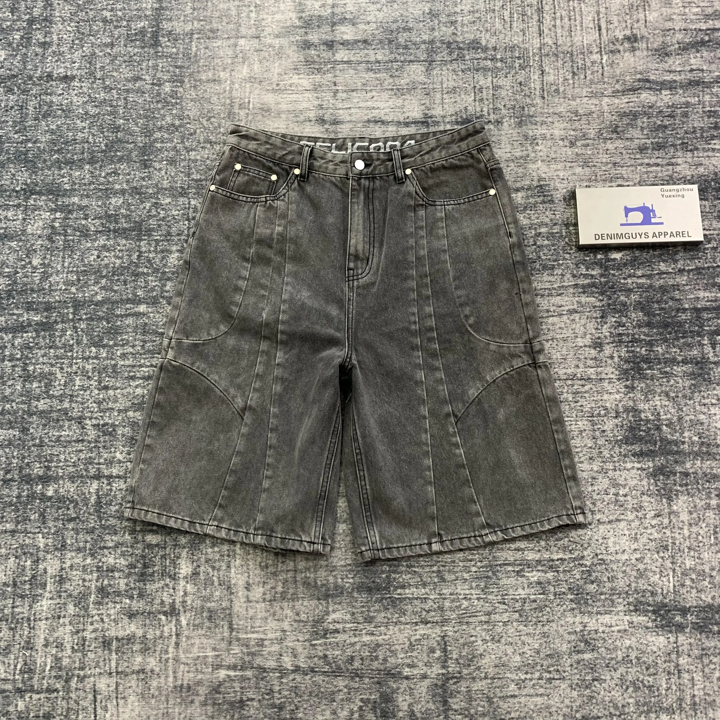 DENIMGUYS Summer Mens Vintage Multiple Seams Loose Denim Shorts Jorts Fashion High Street Baggy Screen Print Jorts for Men