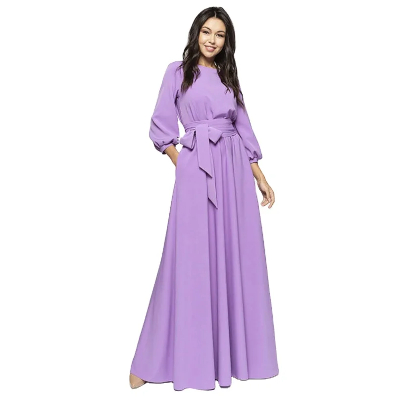 

Vintage Marriage Party Maxi Long Dress Long Sleeve Dress Solid Color A Line Sashes Elegant Evening Dress