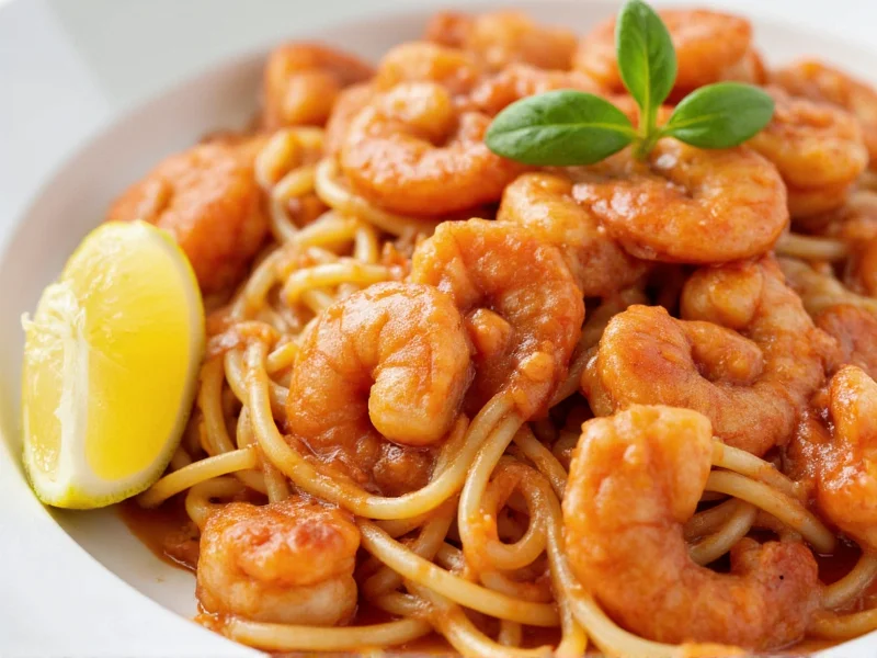 Homemade shrimp sauce served over pasta with lemon wedge
