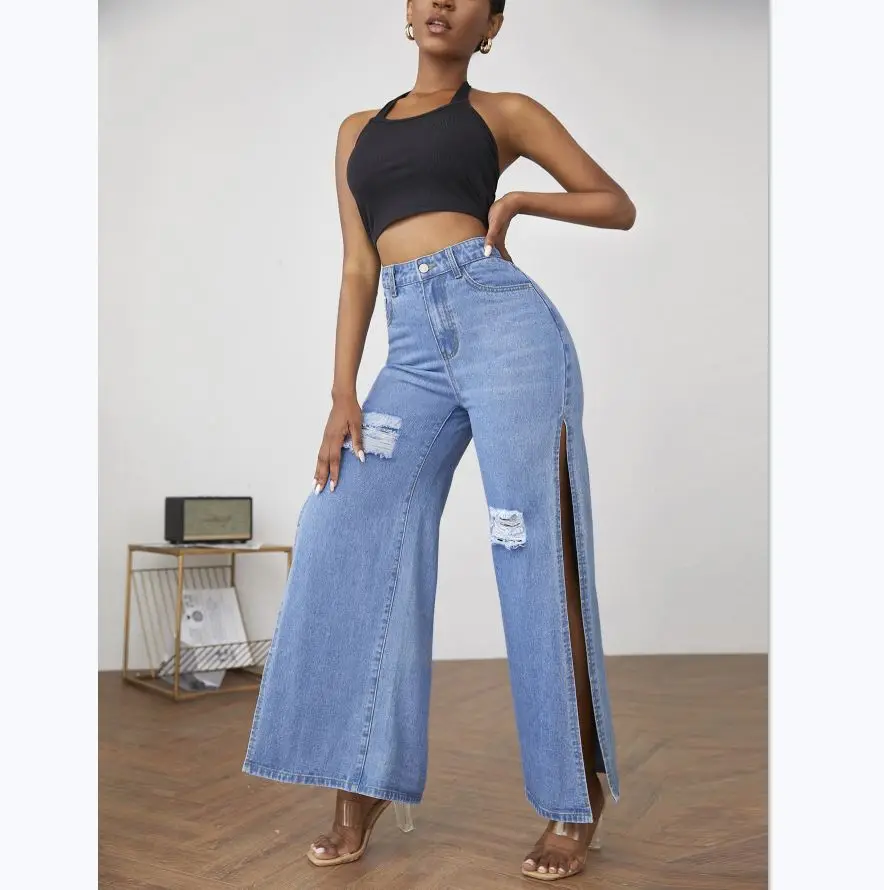 

Large Size Women'S Jeans 2022 New Perforated Personalized Wide Leg Pants