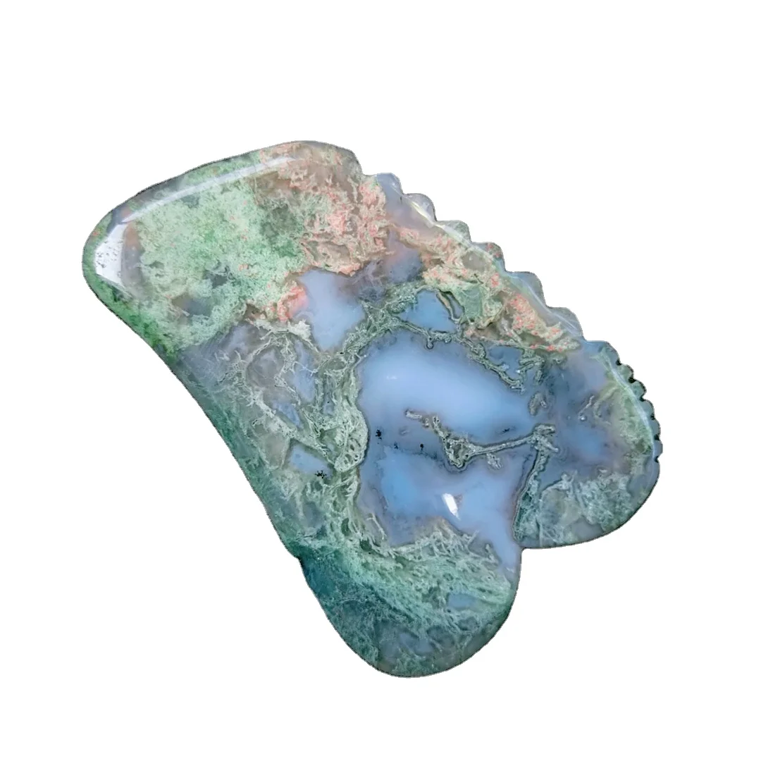 

Natural moss agate & Topaz Jade Gua Sha Stone jagged square shape Guasha Board for Face Body Hand Carved Factory Price