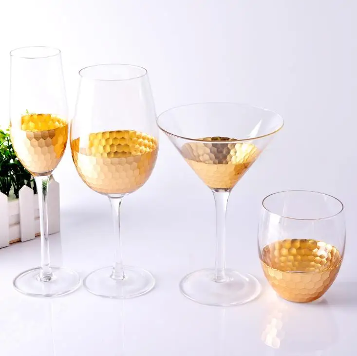 

High quality electroplated glass set golden diamond red wine glasses goblet fancy champagne flutes, Green/grey/blue