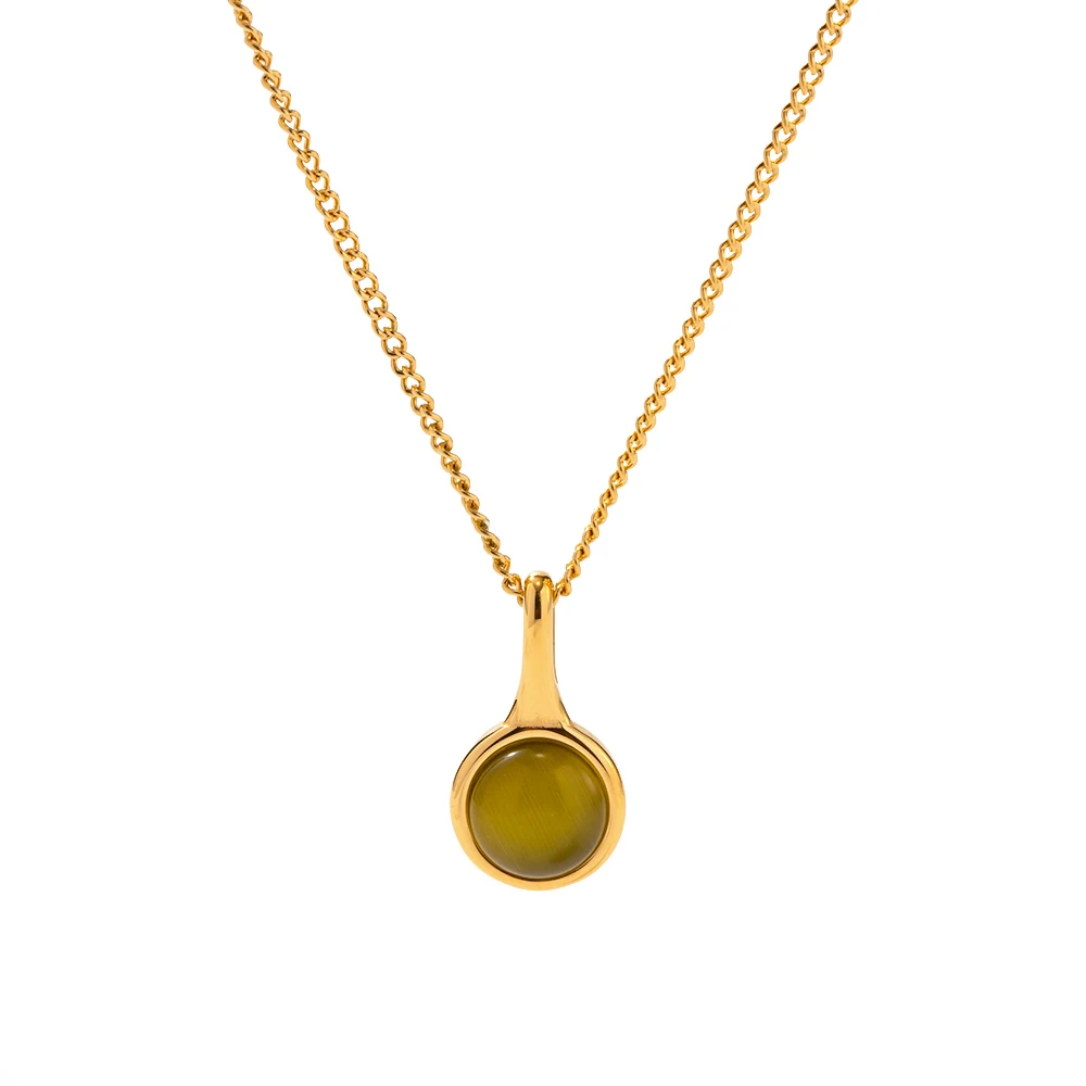 

Olive Green Cat Eye Pendant 18k Gold Plated Stainless Steel Necklace Natural Stone Jewelry For Women