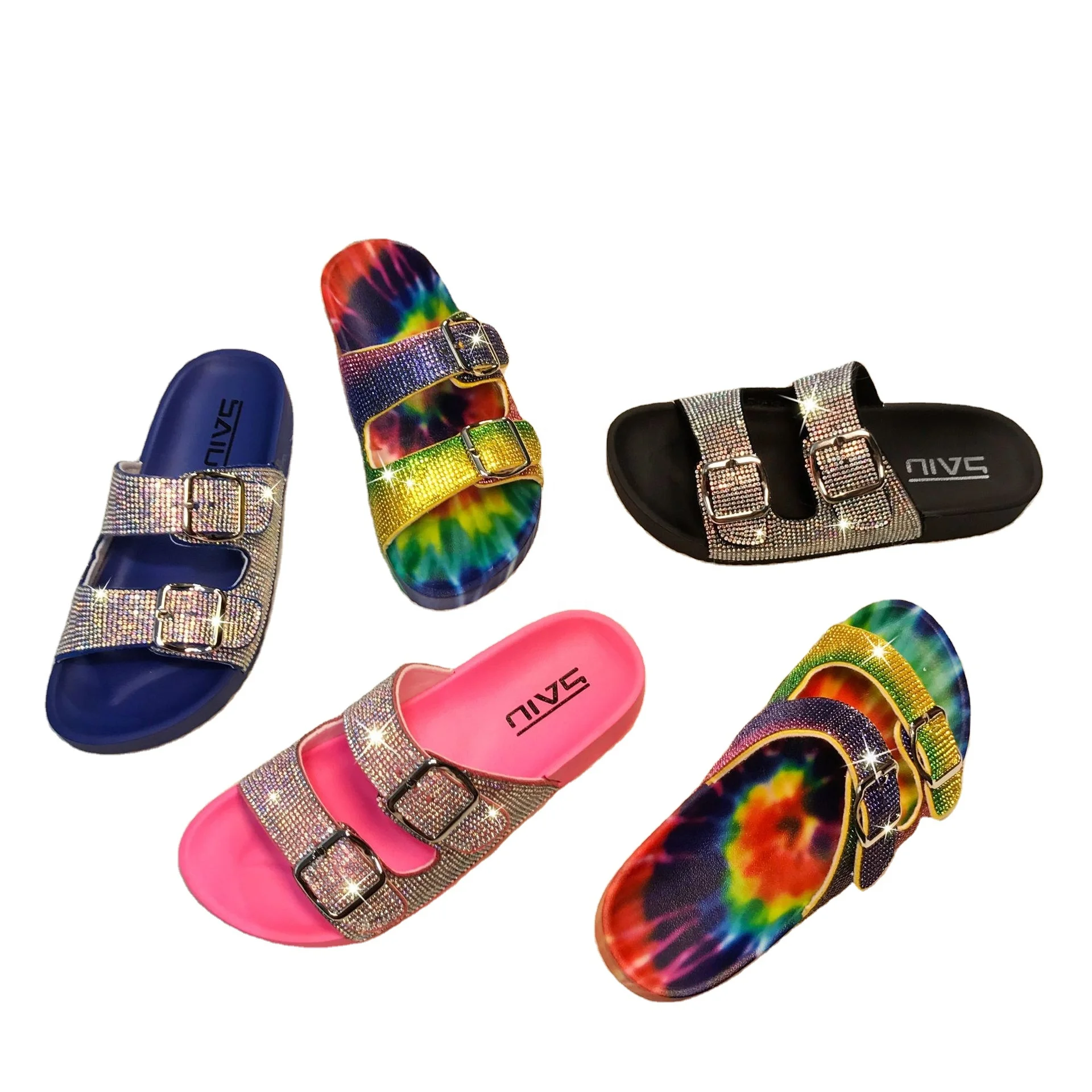 

Latest Summer Slippers For Women With Rainbow Rhinestone Double Buckle Bling Sandals