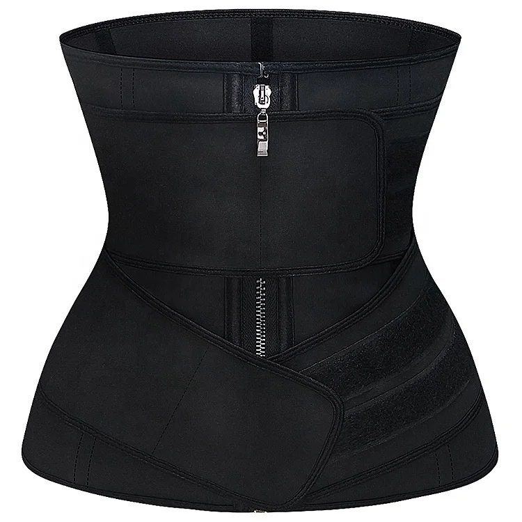 

Wholesale 9 Steel Bones Front Zipper Double Belt Adjustable Women Tummy Control Latex Waist Girdles Shaper Latex Waist Trainer, Black