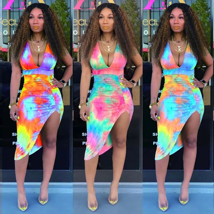 

2021 Fashion Wholesale high split tie dye fashion vest dresses women sexy party bodycon new arrivals 2021 woman dresses