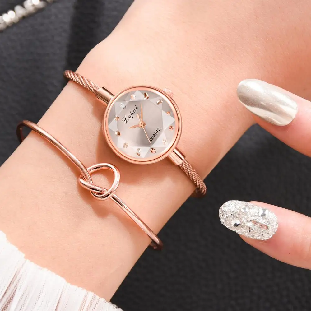 

Lvpai Brand Women Watch Set Bracelet Gold Casual Small Quartz Watch Golden Geometric Glass Surface Colorful Wristwatch Ladies, As show