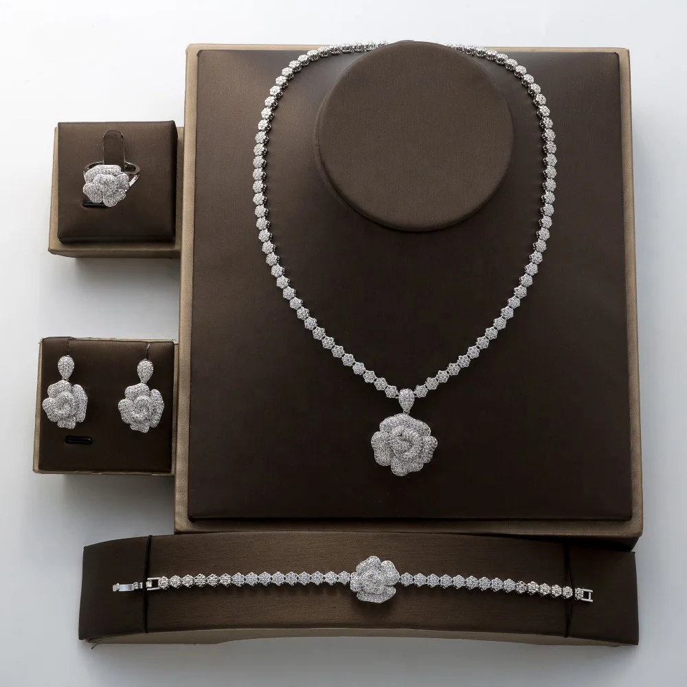 In Stock New Luxury  4 Pcs Bridal Jewelry Set for Women Rose Flower Design Cubic Zirconia Bridal Necklace for Noble Lady CN164