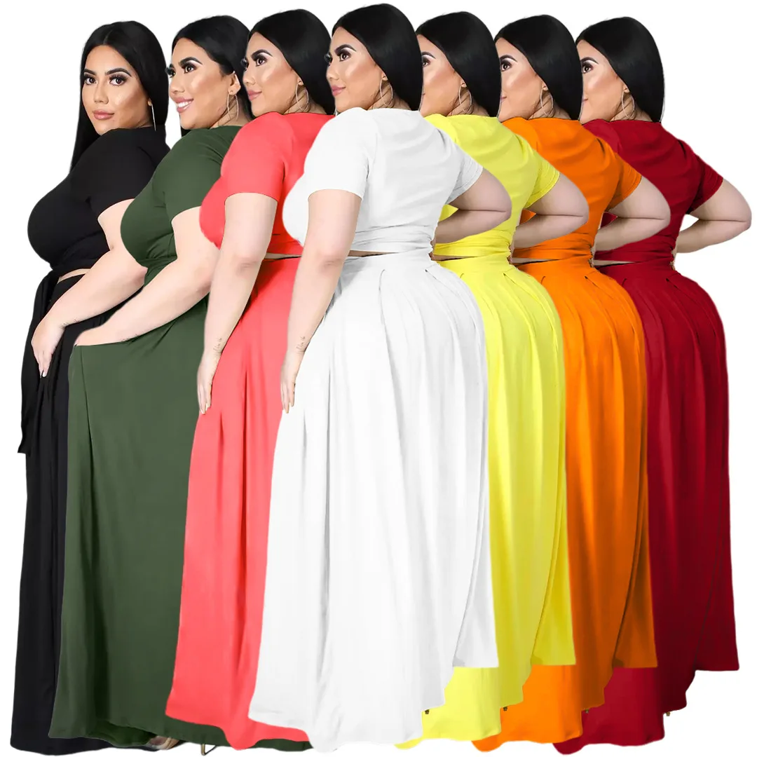 

Plus Size Tracksuit Factory Solid Color Bandage Crew Neck Outfits Long Dress Casual Two Piece Sets Women, Shown