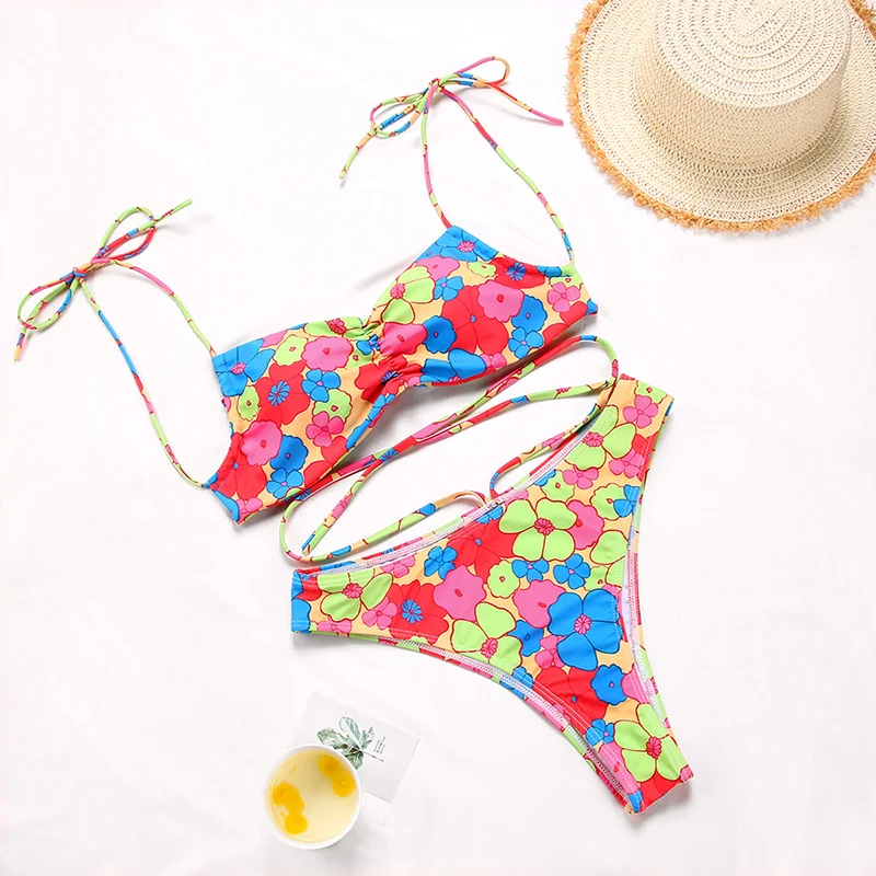 

Rinabe String Bikini 2021 Swimsuit Floral Print Swimwear Women Bathing Suit High Waist Bikini Set Beachwear High Belt Biquini