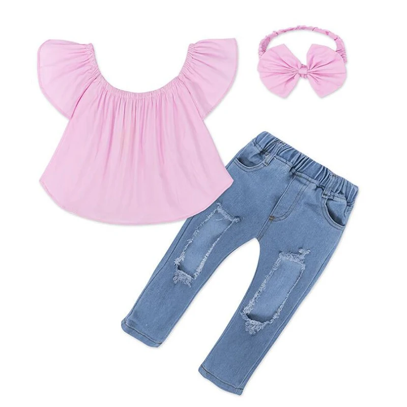 

Baby Girl Clothes Set Pink Top + Cowboy Trousers And Send Pink Headband