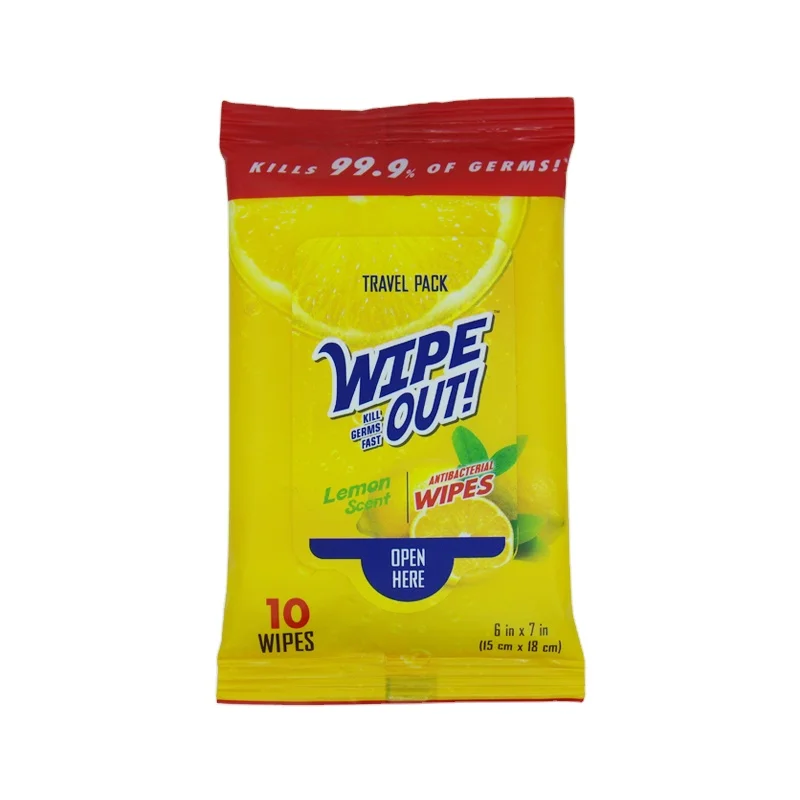 

OEM Factory 10Pcs Travel Pack Antibacterial Cleaning Lemon Scented Wet Wipes For Adults Use