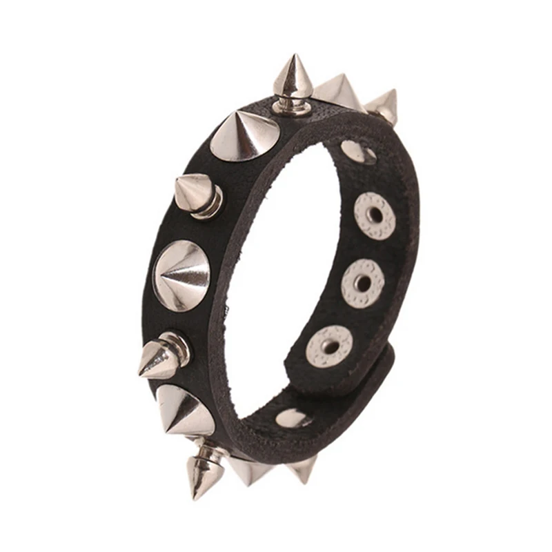 

XuQian Wide Genuine Leather Spike Studded Rivet Punk Rock Black Adjustable Bracelet, Customized color