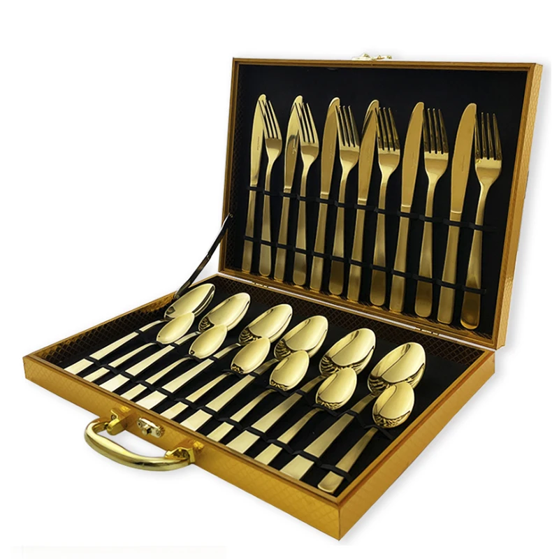 

Factory wholesale stainless steel knife fork and spoon gold for wedding cutlery set 24pcs, Picture