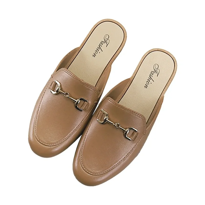 

New fashion leather flat ladies casual single shoes and sandals slippers with metal wholesale shoes, 3 different colors