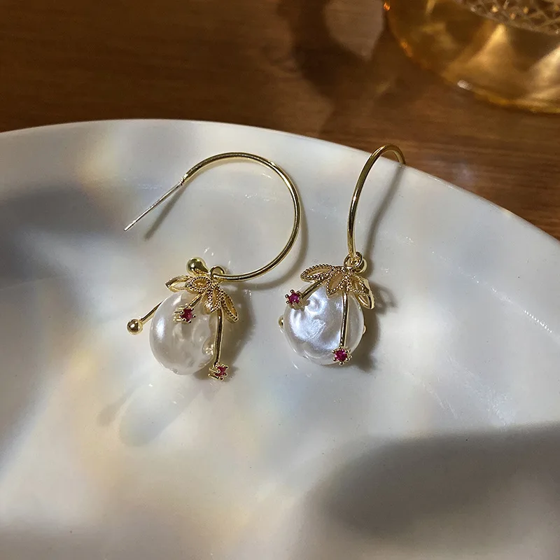 

Women Korean Style Gold Plated Zircon Pearl Flower Hoop Earring Zircon Flower Pearl Pendant Earring