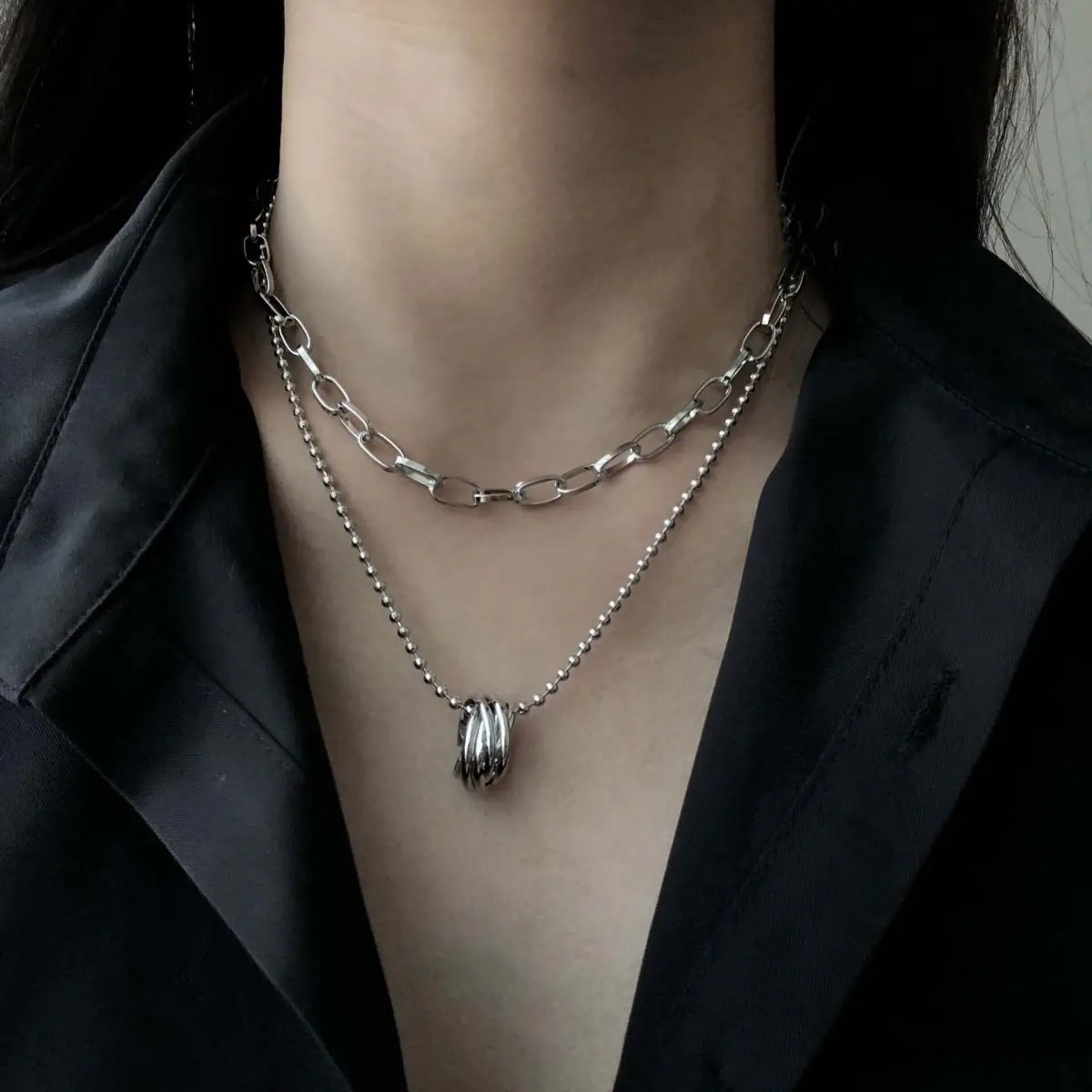 

wholesale fashion women female silver ball chain double layer necklace, Picture