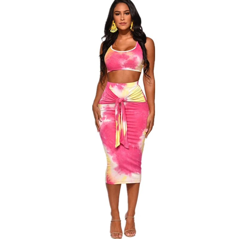 

Sexy Pink Print Bandhnu Sleeveless 2 Pieces Plus Size Casual Ladies Clothing Women Dress Suit