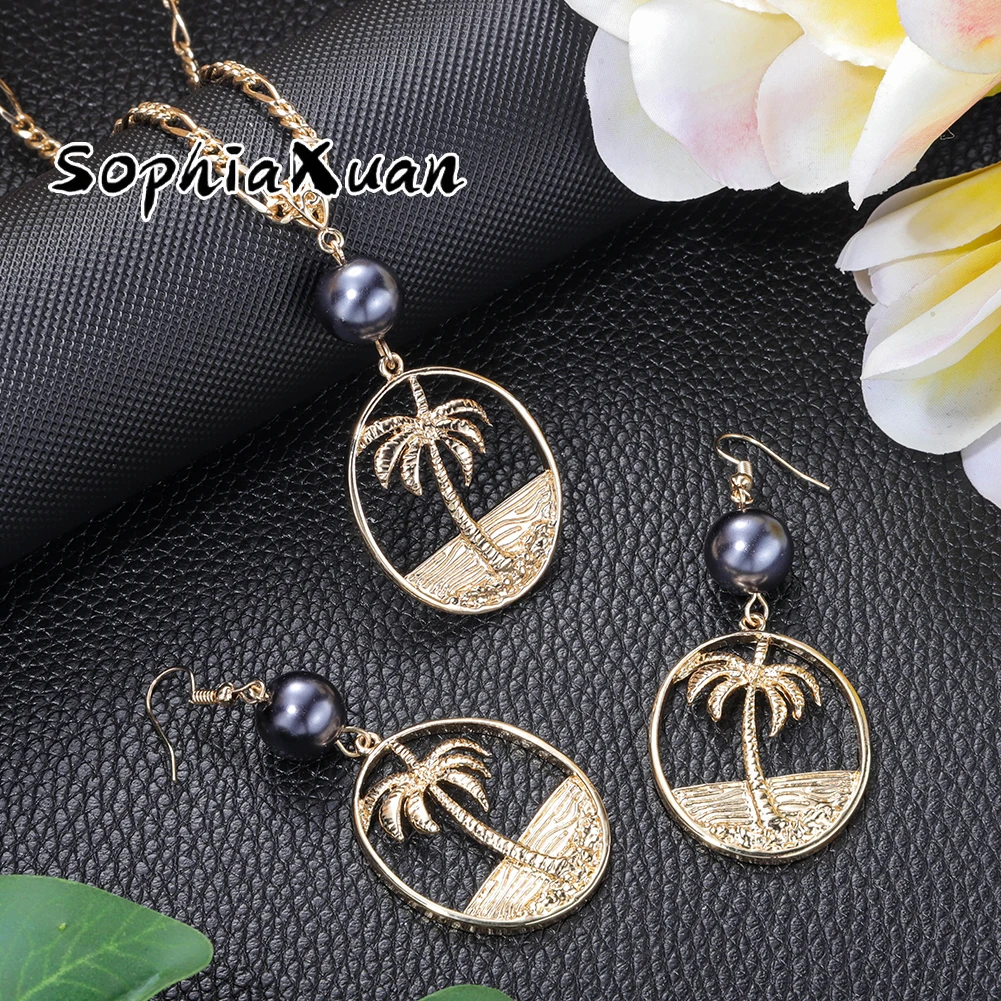 

SophiaXuan simplicity jewelry ellipse coconut tree necklace polinesian 14k gold plated guam earrings set wholesale hawaiian, Picture shows