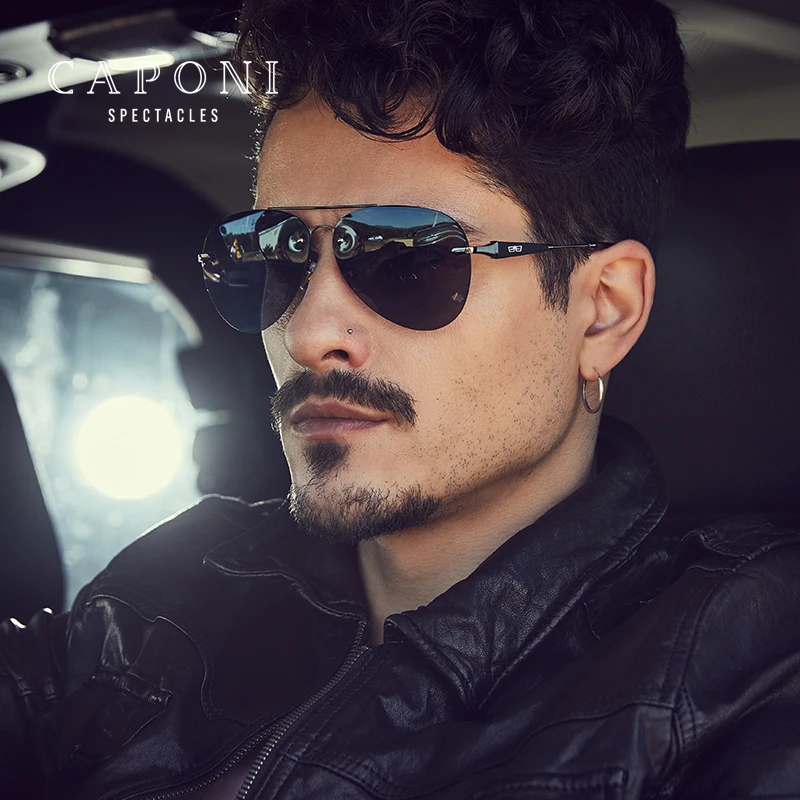 

CAPONI Newest Brand Design Double Bridge Alloy Frame Driving Anti UV400 Polarized Vintage Sunglasses For Men