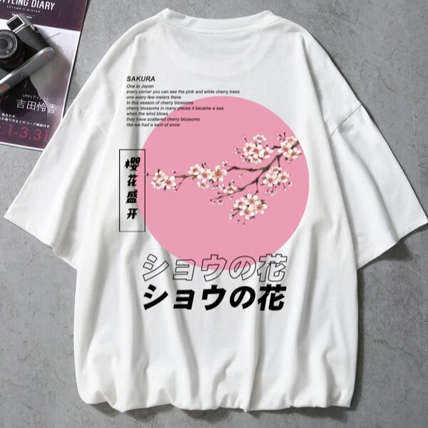 

Japanese Letter And Floral custom brand graphic loose fit Mens' Print Tee High quality men relaxed fit street wear hip hop shirt, Customized colors