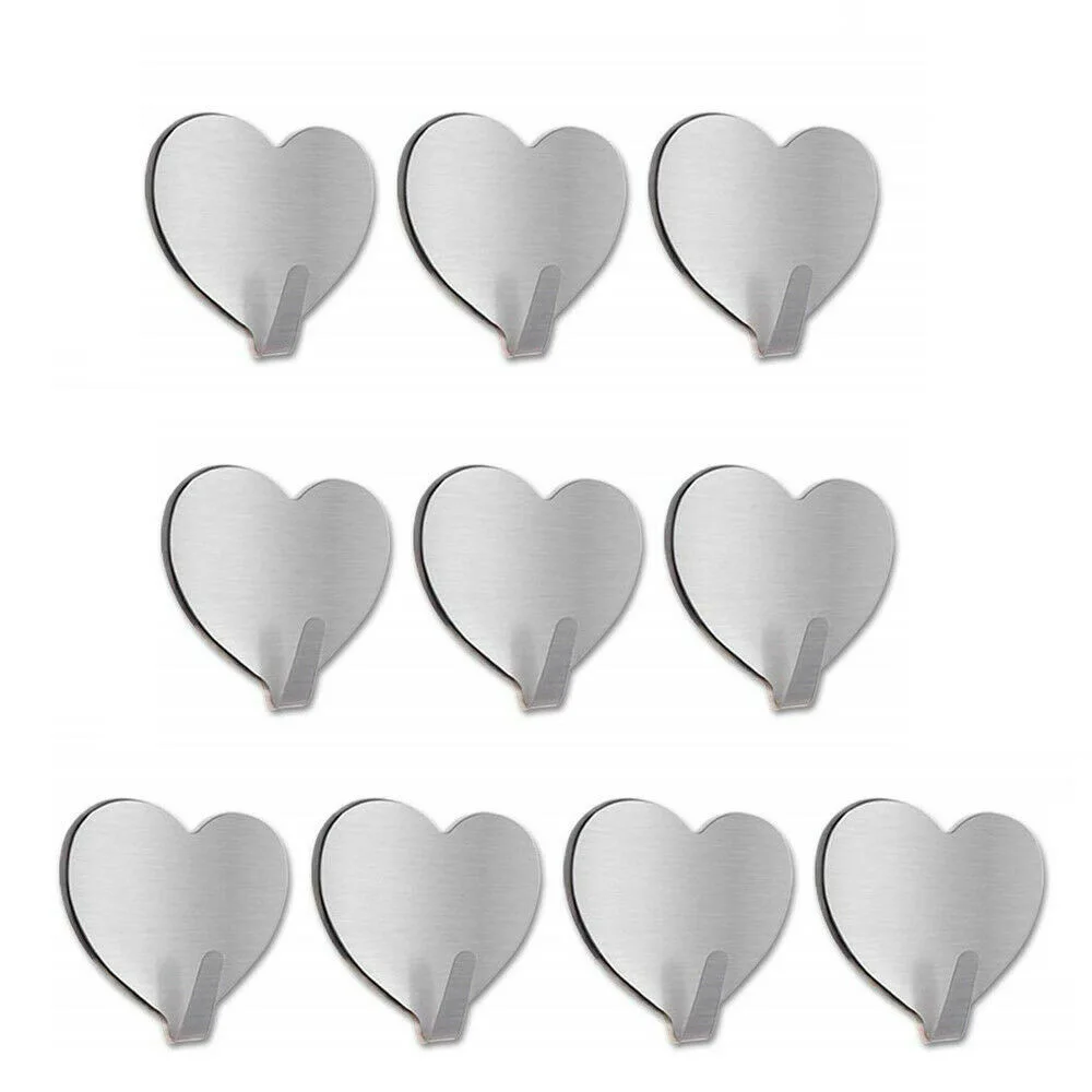 

10PC Self Adhesive Heart Hooks Stainless Steel Strong Sticky Stick on Wall Door 10PC Self Adhesive key hanger, Silver