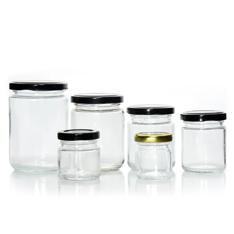 

Black Metal Screw Lid 200ml 250ml Transparent Round Wholesale Honey Jam Glass Jar with lid