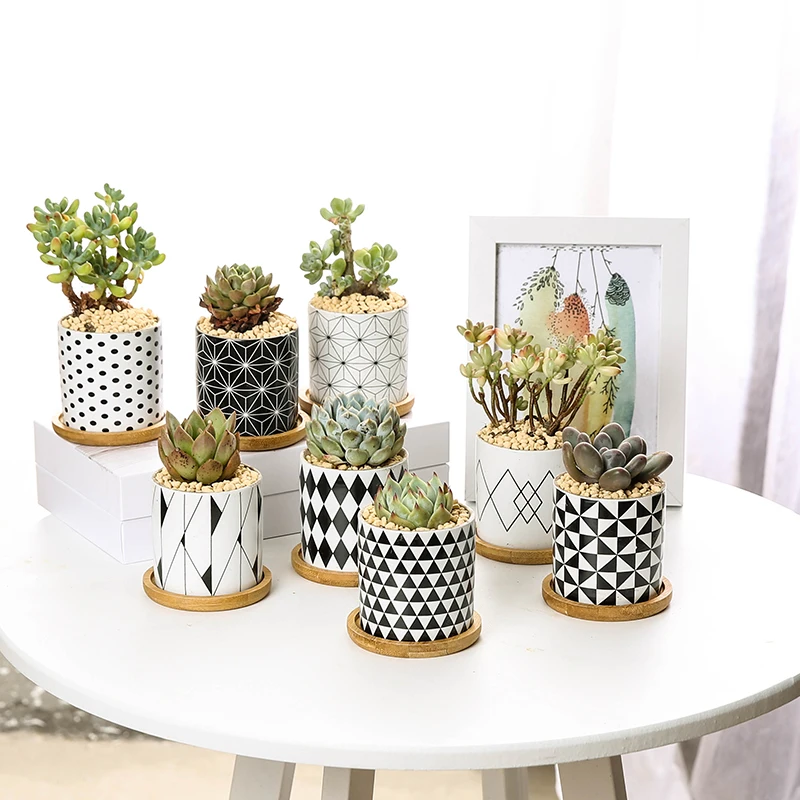 

3 Inch Home Indoor Decor Ceramic Geometric Pattern Cylindrical Planter Pots for Succulent Plants, As photo show or custom