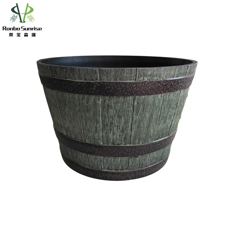 

Ronbo Sunrise 16 Inch Wine Barrel Looking High Density PP Wholesale Hot Selling Kentucky Walnut Outdoor Large Plastic Plant Pots, As picture or customized color