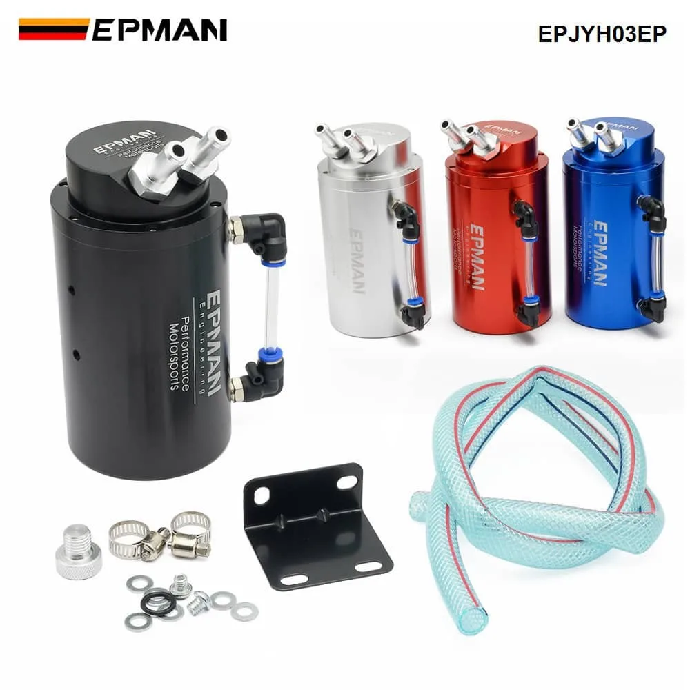 EPMAN EPJYH03EP Aluminum Alloy Reservoir Oil Catch Can Tank - black, silver, red and blue finishes with mounting hardware and hose kit