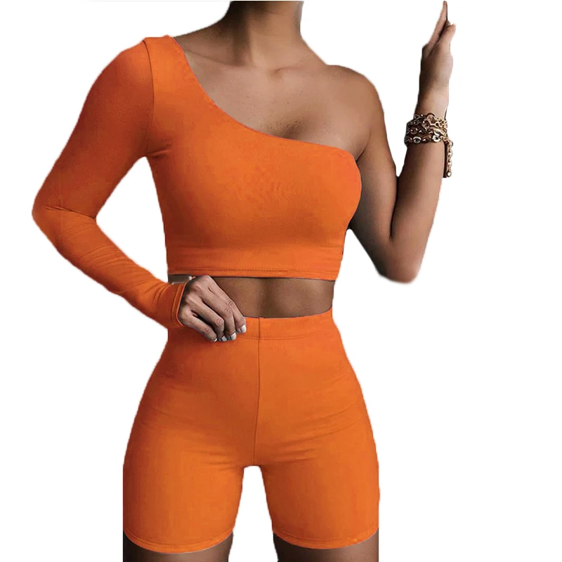 

2021 New Design Crop Top Fitness Set One Shoulder Solid Color Sexy Womens Tracksuit Set 2020 Bodycon Short Pants Two Piece Set, Black, khaki, orange