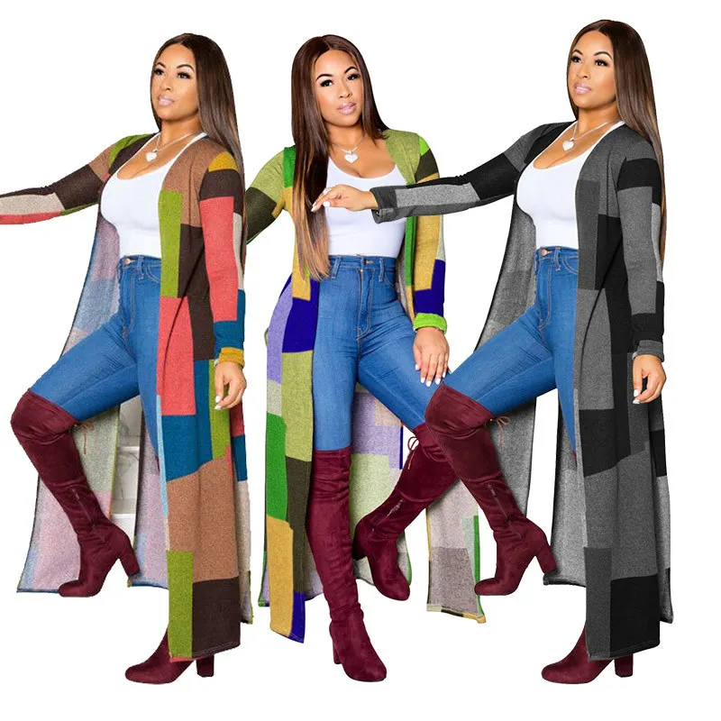 

LvCong New style long sleeve dust coat for women printed plaid color women's cardigan long coat