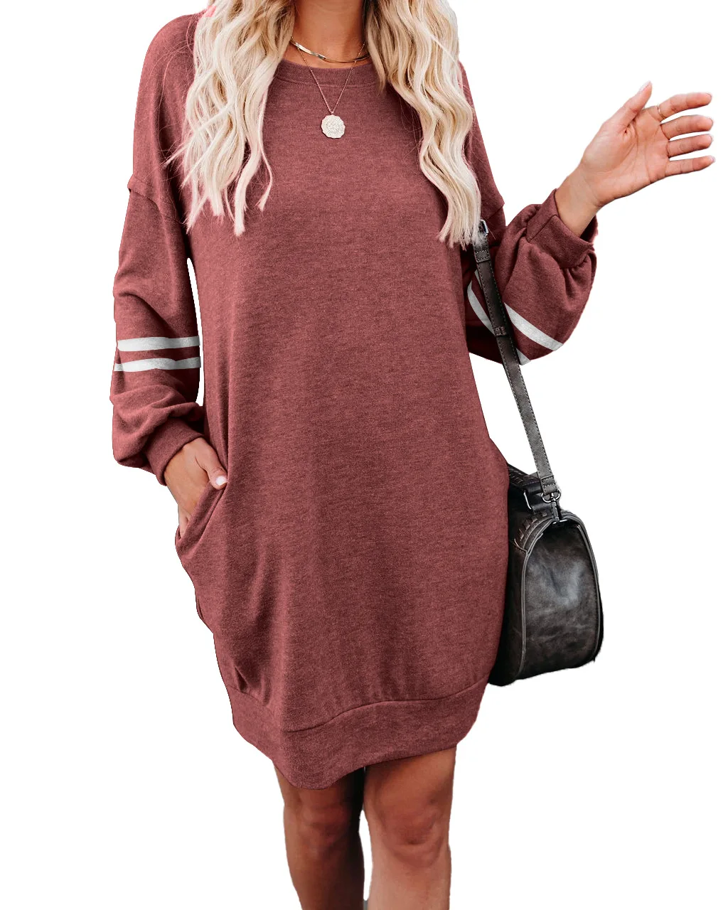 

2021 women's spring dress fashion trend European and American women's hot-selling long-sleeved stitching pullover dress T-shirt