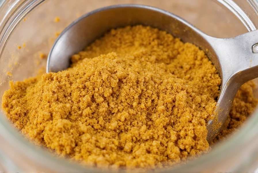 Close-up of golden brown ground coriander powder in a spice jar with measuring spoons