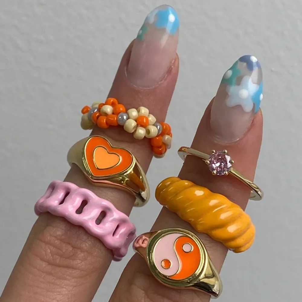 

Trendy Ins Colorful Double Layer Love Heart Enamel Rings Women Girls Vintage Finger Ring Jewelry, Gold