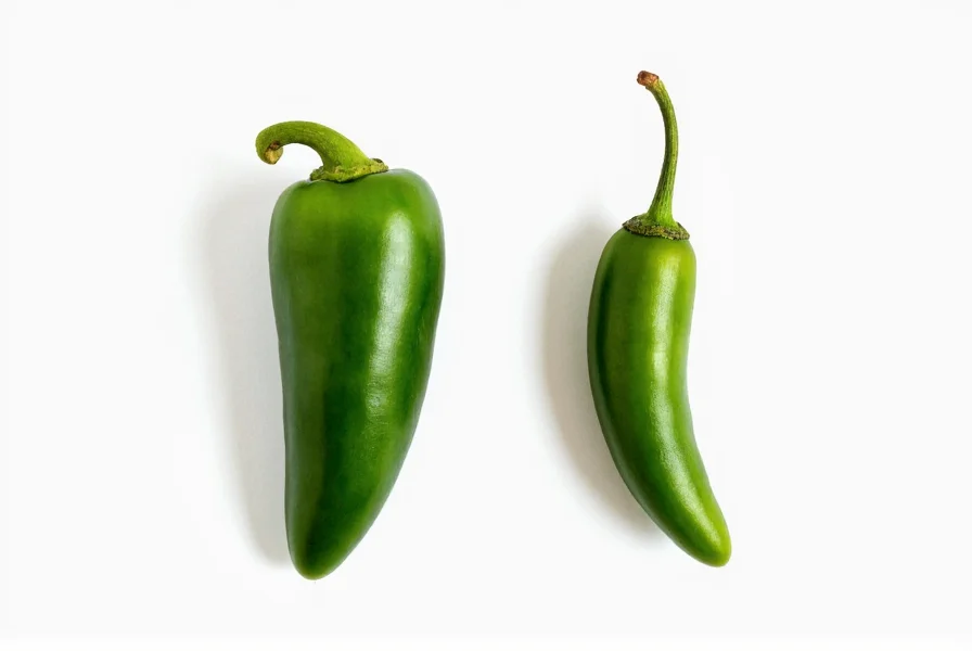 Side-by-side comparison of Anaheim pepper and jalapeño showing size difference, Anaheim is longer and thinner while jalapeño is shorter and stockier with visible striations