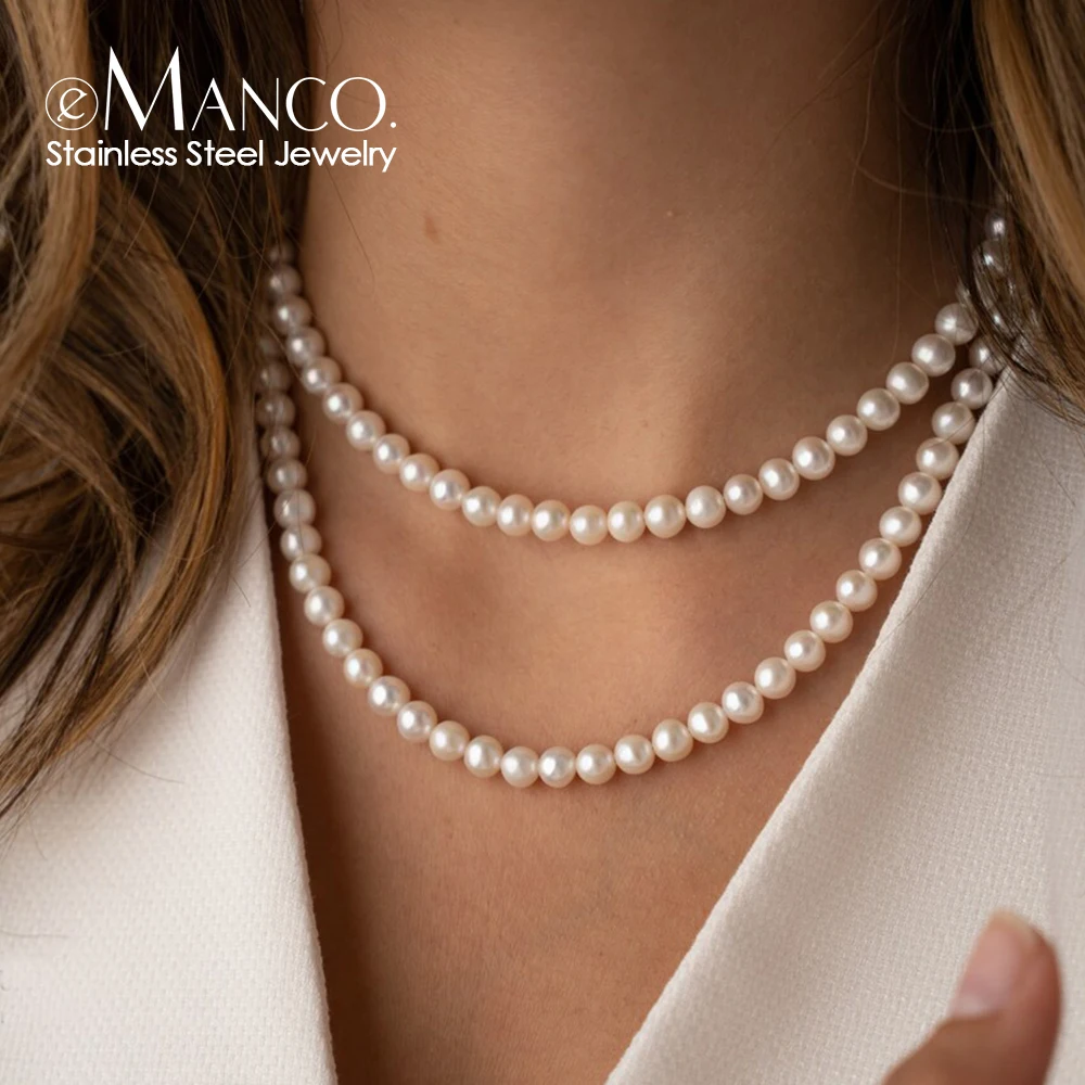 

eManco New Imitation Pearl Necklace Round Multi Size White Pearl Stainless Steel Necklace Women's Collarbone Chain