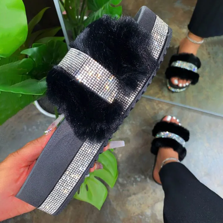 

2021 Furry Slippers Rhinestone Bling Colorful Casual Sandals Shoes For Women