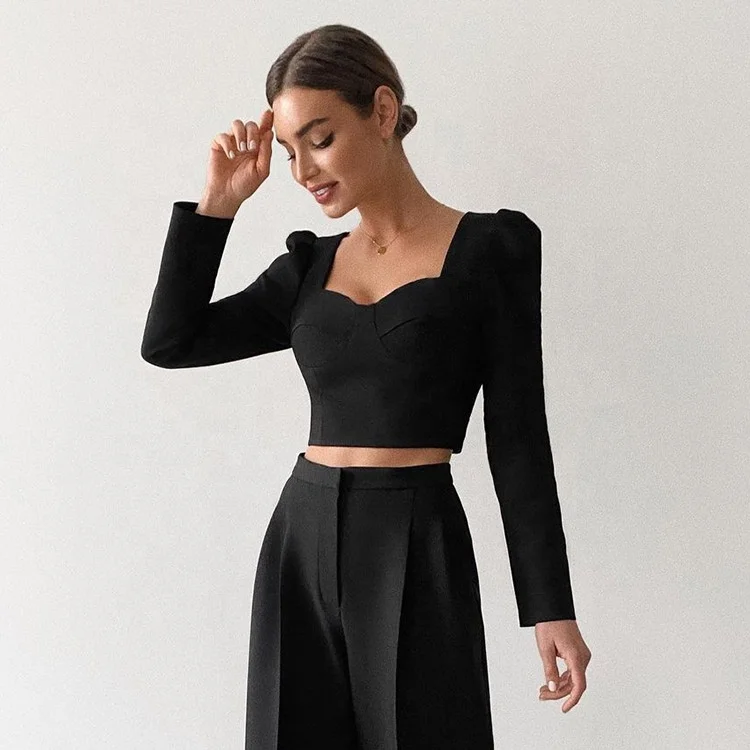 

Spring Women Navel Shirt And Wide-leg Trousers 2 Piece Set Office Wear Ladies